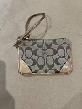 Coach Brown/Tan Signature Canvas Wristlet with Leather Trim